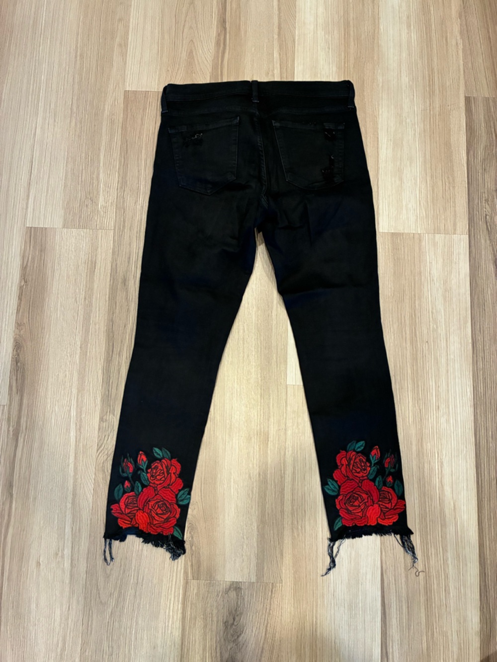 Flying Monkey Black Midrise Straight Leg Jeans with Rose Embroidery